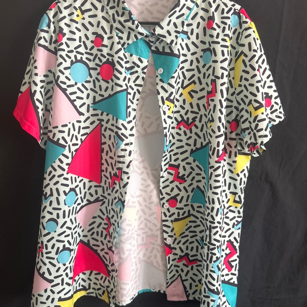 Pink and Blue Casual Button Down Shirt with Geometric Pattern